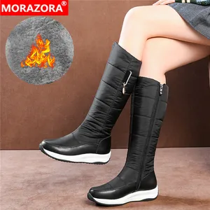 Женские сапоги из натуральной кожи MORAZORA, черные сапоги из натуральной кожи, на молнии, с толстой меховой подкладкой, теплые, зимние, размер 35-44