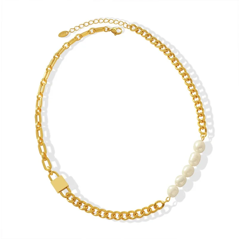 

INS Freshwater Pearl Combined with Cuban Chain Lock Charm Choker Necklaces for Women Gold Plated Stainless Steel Collars Jewelry