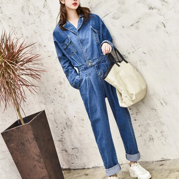 2019 New Solid Denim Jumpsuit Women Lapel Long Sleeve High Waist Jumpsuits Female Retro Casual Jeans Rompers | Женская одежда