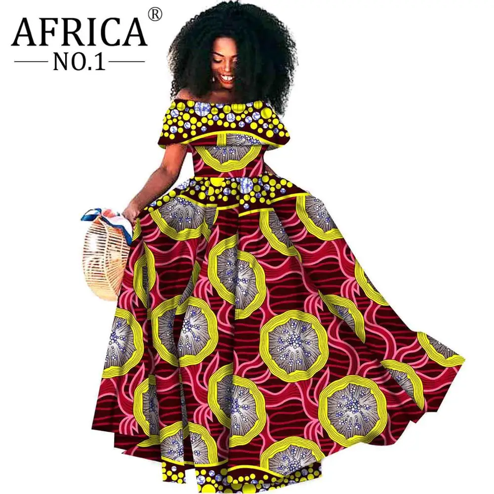 African Maxi Party dresses for Women Floor length Femme Robe off shoulder Slash neck Party wedding wear A-line dress S1925099