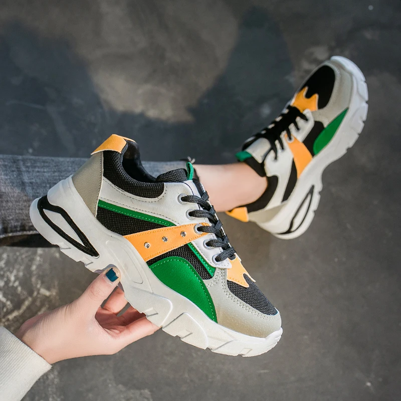 Кожаная обувь на платформе Стильная женская для бега Кроссовки Harajuku толстой