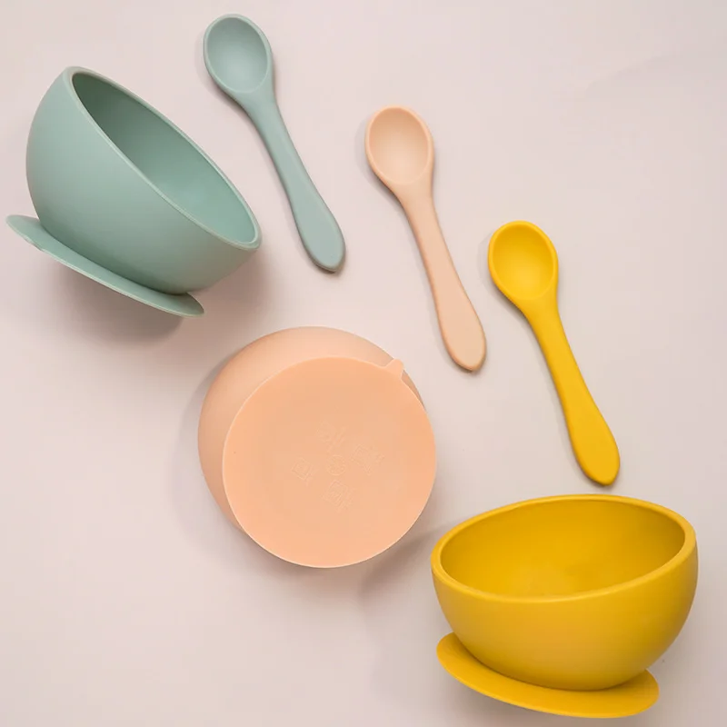 Baby Feeding Tableware Set 45 Leak-Proof Bowl With Suction Cup Soft Silicone Spoon Slip Resistant Learning  kids Plate