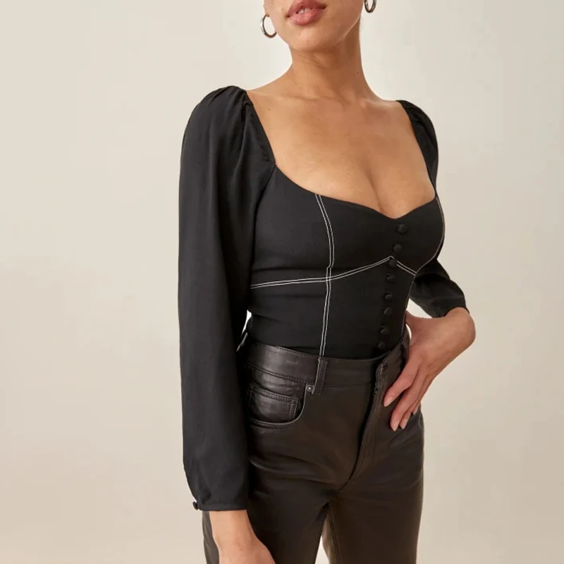 

Spring and summer women's casual solid color square collar long-sleeved button-decorated short slim-fit shirt