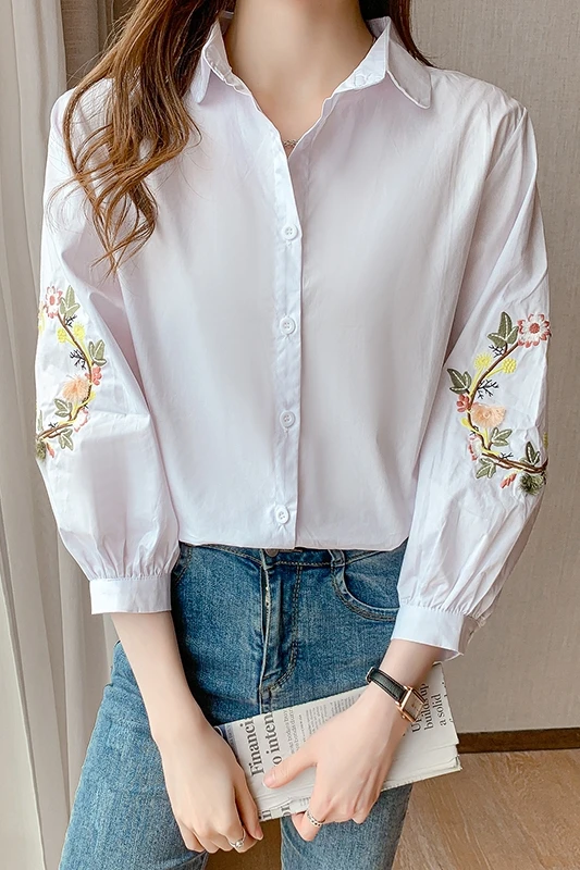 

Houthion Chiffon Slim Women's Blouses Fashion Long Sleeve Top New Casual Blouse Flowers Buttons Polo Shirt Summer