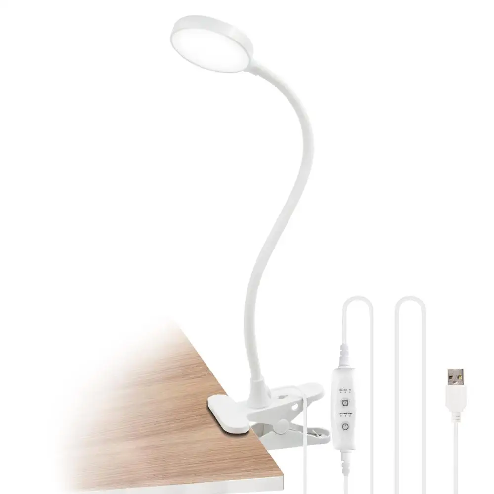 

White Dimmable Clip On 4W LED Table Light Desk Reading Lamp Computer Light with USB Port, Timer Function, Flexible Gooseneck