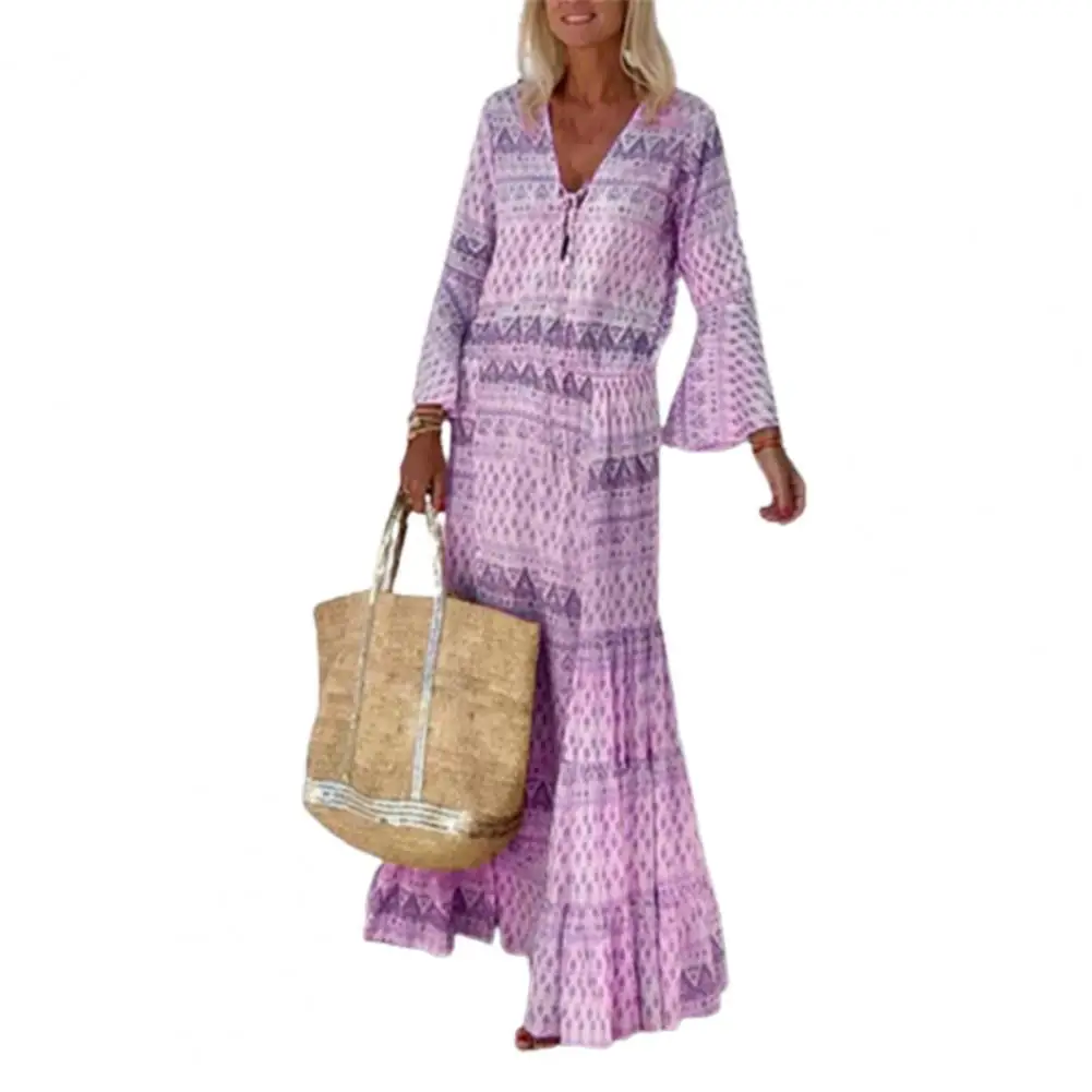 

Винтажное летнее пляжное платье с расклешенными рукавами, женское длинное праздничное платье с геометрическим принтом, весеннее женское п...