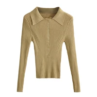women 2021 fashion ribbed knit polo shirt vintage v neck long sleeve shirts female pullovers chic tops