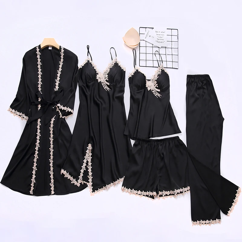 

Spring New 5PCS Pajamas Sets Lce Silk Women Chest Pads Pijamas Sleep Suit With Belt Sleepwear Casual Home Wear Lounge Nightwear