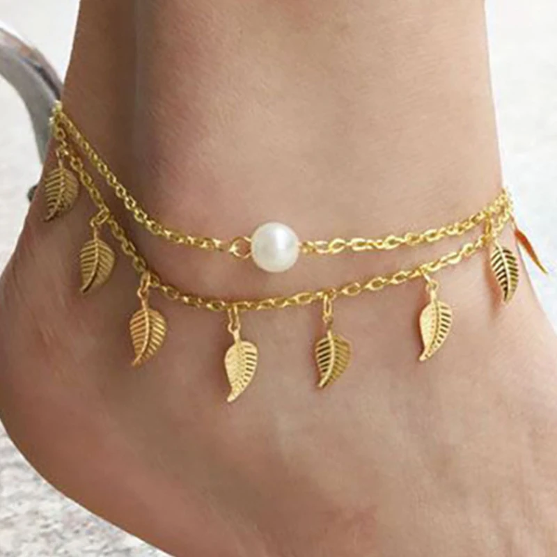 

Changyi 2021 Trend Women Leaf Pendant Anklet Chain Multi-layers Boho Jewelry Pearl Foot Chain Anklets Mother's Day Best Gift