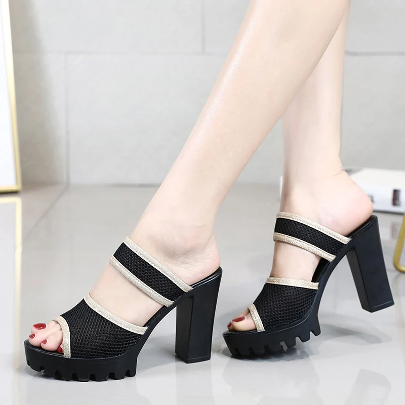 

Women‘s High Heels Slippers Mesh Platform Open Toe Sandals Mules Talons Feminino Ladies Leisure Chaussure Outdoor Slides Shoes