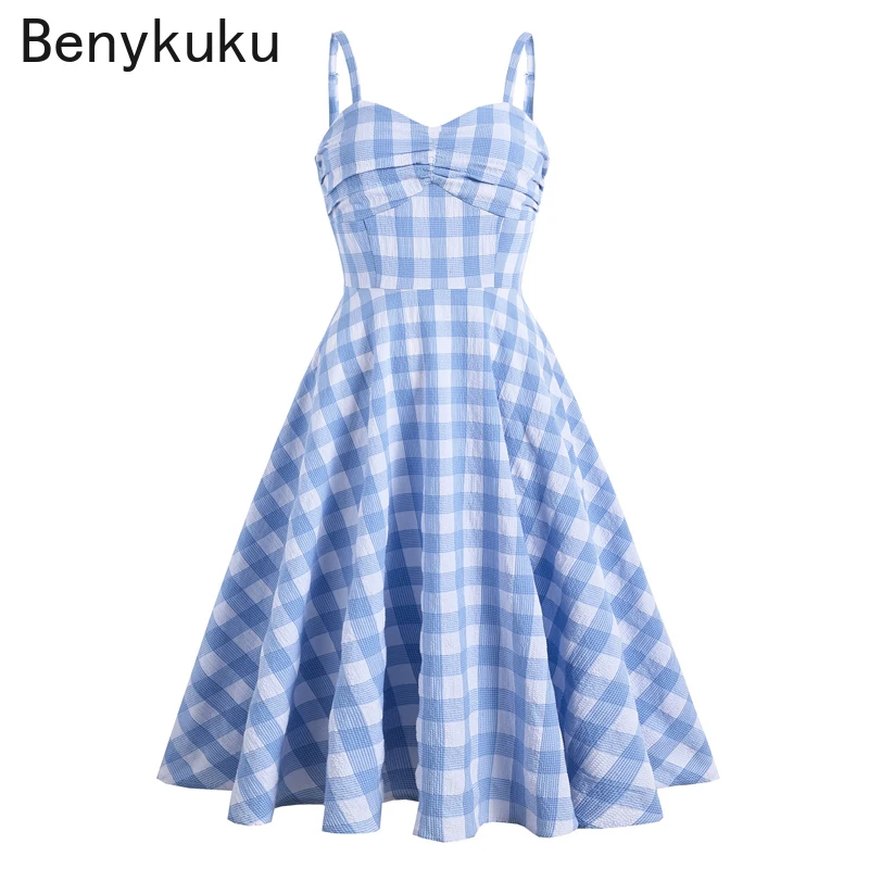

Женское клетчатое платье в стиле 50-х годов, голубое винтажное платье на тонких бретелях, приталенное платье на бретелях-спагетти в стиле рет...