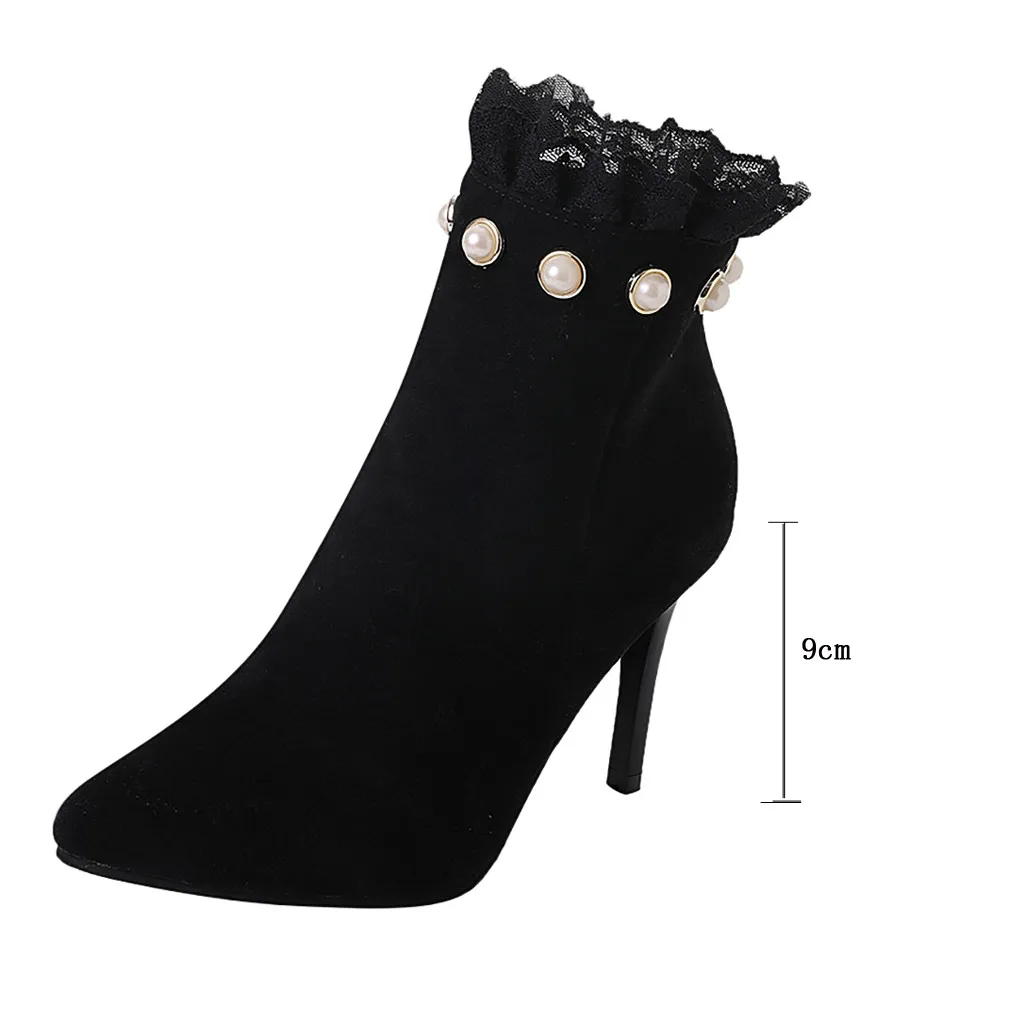 Женские туфли из эластичной ткани с жемчугом замшевые на шпильке полусапожки