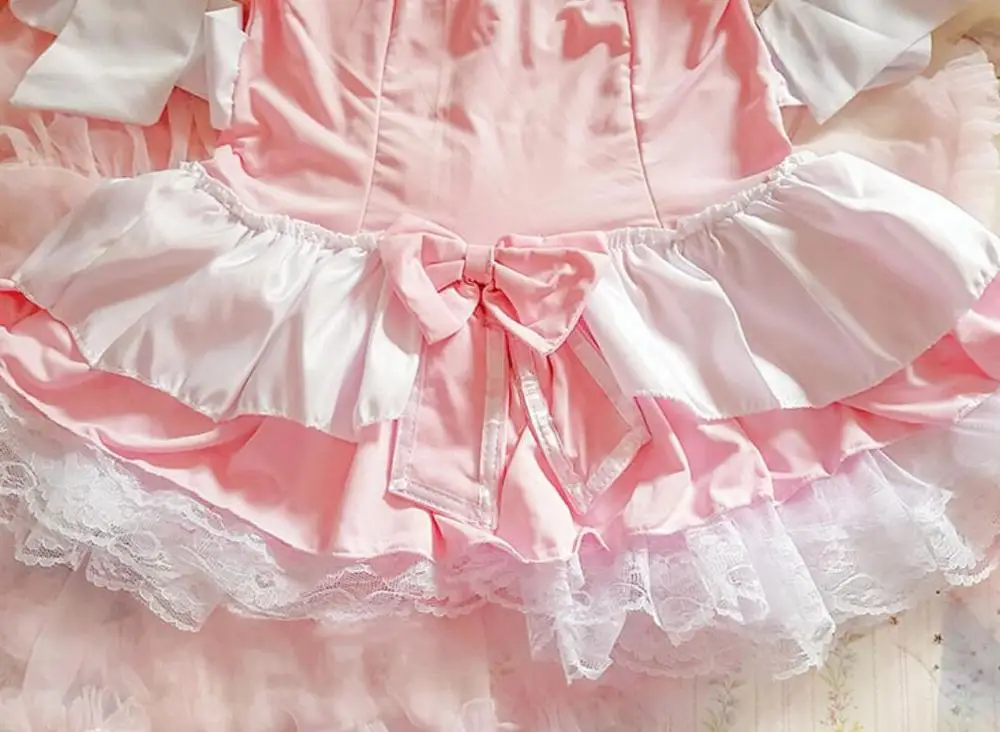 

Soft Girl Pink Cute Lolita Girl Cosplay Kawaii Bow Lace Princess Maid Dress Japanese Women's Flouncing Bubble Skirt