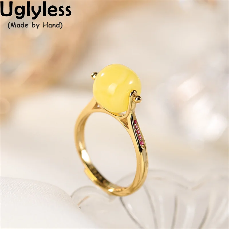 

Uglyless вращающийся Янтарный пчелиный воск круглые кольца для женщин покрытые настоящим золотом 925 серебрянный Простой Модный гарнитур ювели...