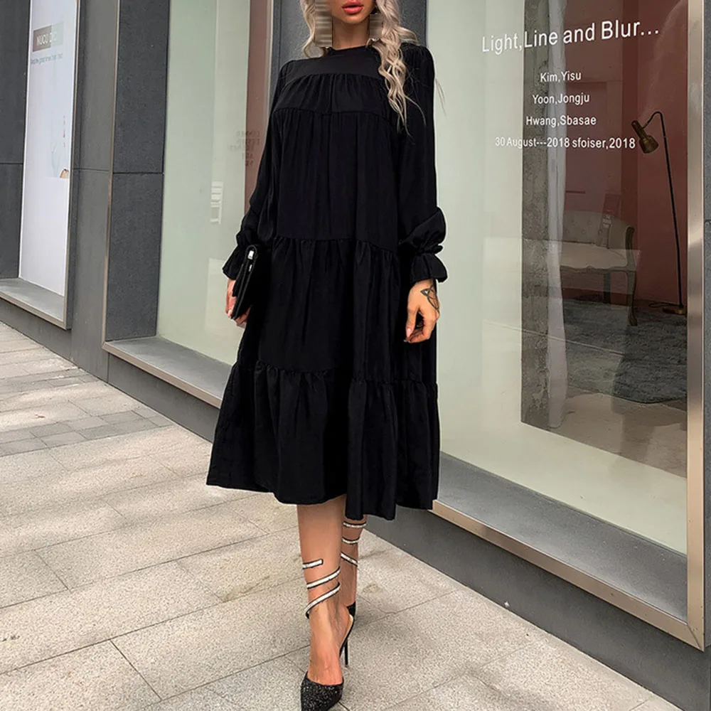 

Western Style Casual Fashion 2021 Spring Summer Women's Dress Loose Simple Simple Round Neck Long Sleeve