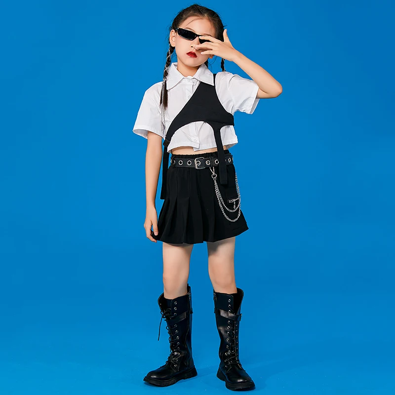 

Girls' Cheerleader Jazz Dance Clothes White Short Shirts Pleated Skirt Child Hip Hop Performance Costumes Stage Wear 120-160CM