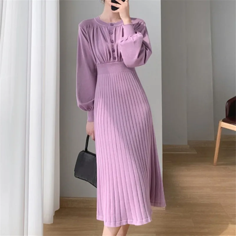 

Autumn Winter Knitted Dress Female Solid Elastic Long Sleeve Sweater Dress Women Elegant Q5440
