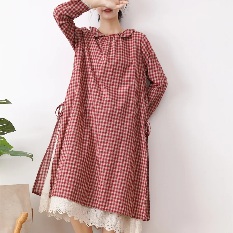 

Lamtrip 2021 Spring Japanese Lacing Patchwork Plaid Peter Pan Collar Layers Slit Dress