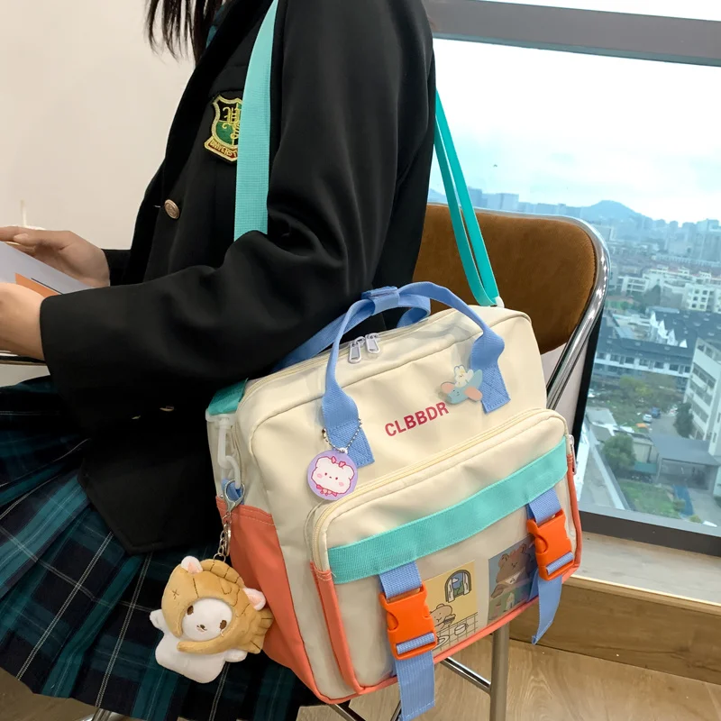 

2021 New Multifunction Contrast Color Women Backpack Female Waterproof Nylon Insert Buckle Small Schoolbag Lovely Travel Bag