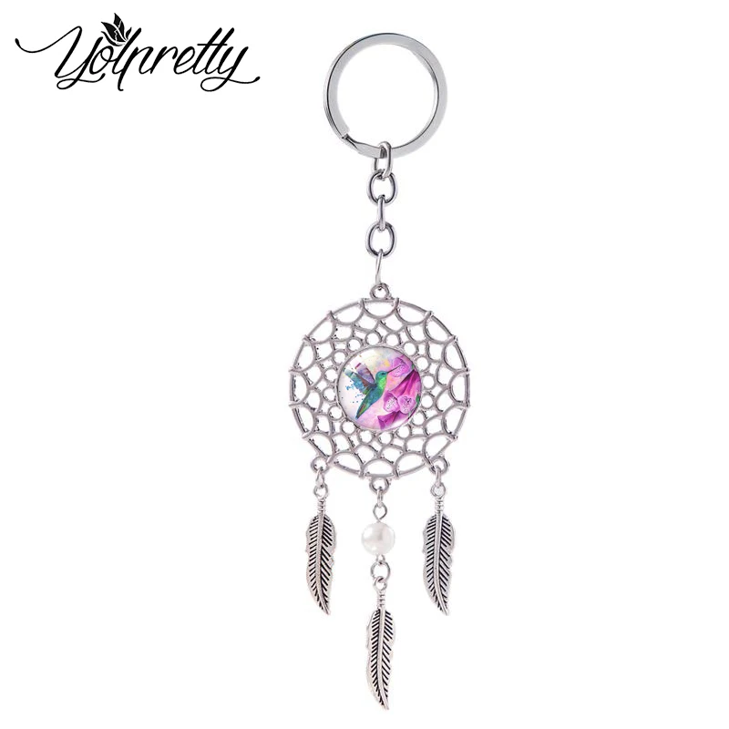 

2021 New Fashion Hummingbird with Flowers Paintied Oil Paintings Glass Dome Handmade Jewelry Dream Catcher Keyring