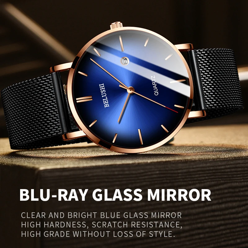 

BELUSHI 2021 New Mens Watches Top Brand Luxury Slim Steel Mesh Quartz Watch Men Business Waterproof Wrist Watch Male Clock