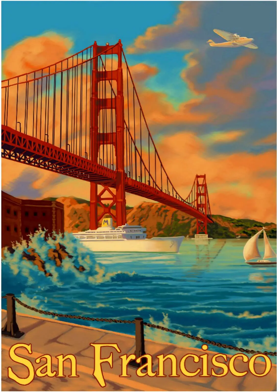 Сан-Франциско Золотой мост ворот-винтажный Ретро путешествия железная дорога