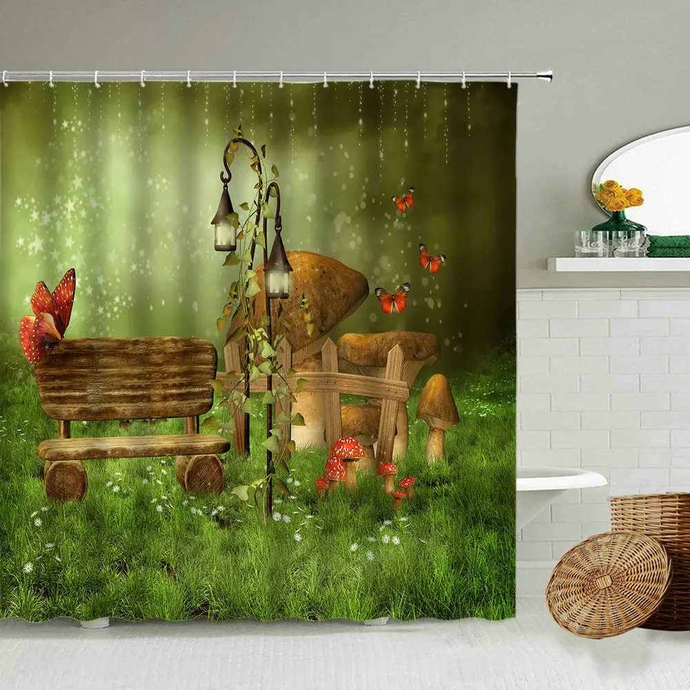

Dream Fairy Tale Forest Mushroom Print Child Baby Bathroom Waterproof Shower Curtain Butterfly Flower Plant Bathtub Screen Set