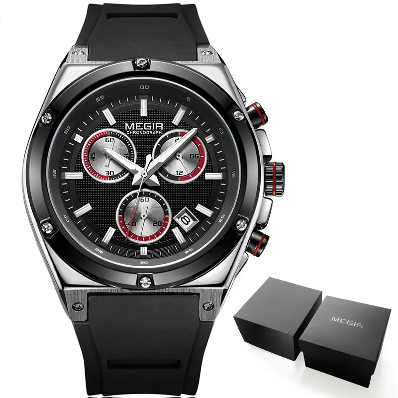 MN2073G-Silver-Black Megir мужские черные Силиконовые Спортивные кварцевые наручные часы светящиеся Relojios Relojes водонепроницаемые часы с хронографом Montres Q2073G-BK-1 - Цвет: MN2073G-Silver-Black