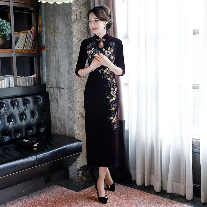 Новый бархат cheongsam для женщин ретро мать бисером Чонсам ежедневно представление
