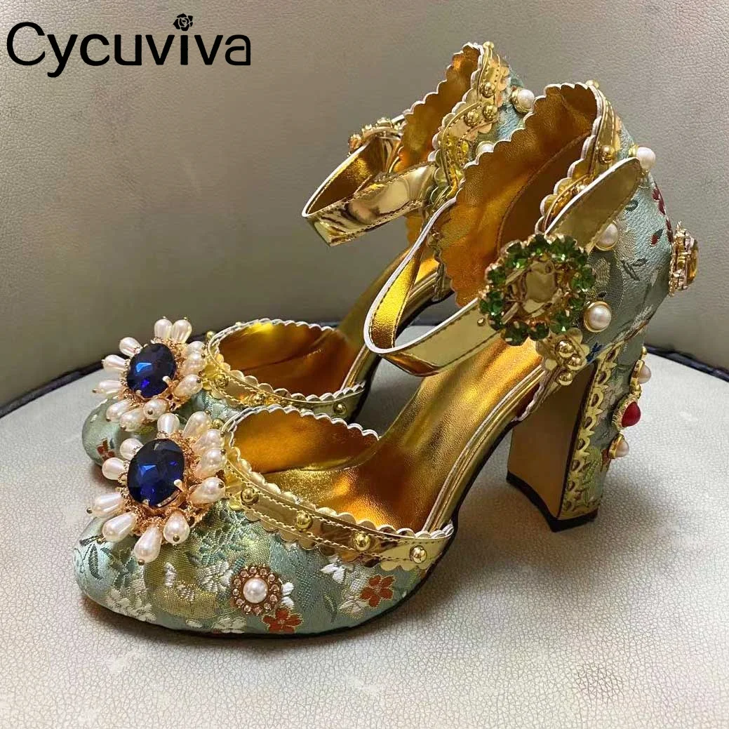 

Blue Gemstone Sandals Women Retro palace Spring Crystal Shoes Ladies High Heels Sandalias Women Pumps Party Wedding Shoes Woman