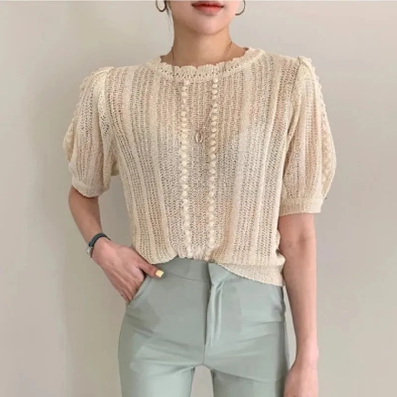 

Korean Vintage Hollow Knitted Tshirts Tops Women Short Sleeve O-neck Solid Loose Tees Pullovers 2021 Summer Thin Fashion T-shirt