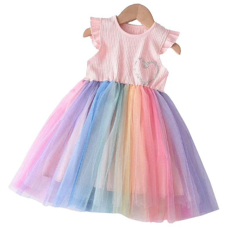 

Baby Girls Rainbow Colorful Dress 2020 New Summer Fashion Fly Sleeve Girls Dress Party Kids Mesh Dress Children Clothing Dress