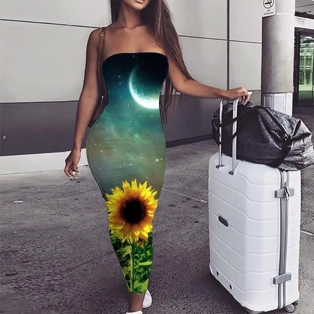

KYKU Sunflower Dress Women Galaxy Party Moon Ladies Dresses Nebula 3d Print Womens Clothing Casual New Wrap Femme