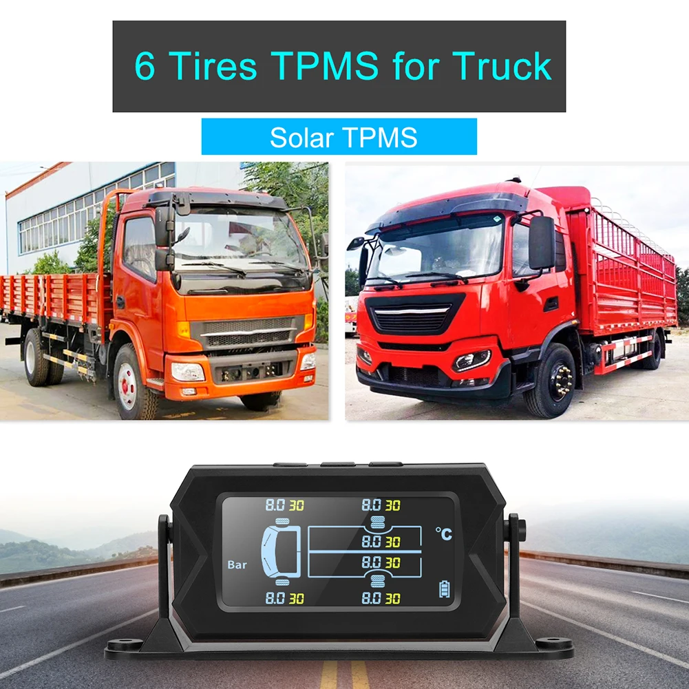 

Wireless Solar Digital LCD Alarm Tire Pressure Monitoring System USB charge with 6 External Sensors Waterproof Car RV Truck TPMS