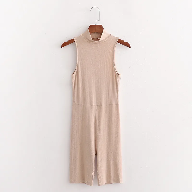 

Evfer Sexy Lady Khaki Za Skinny Knitted Playsuits Women 2020 Fashion Turtleneck Sleeveless High Elastic Short Jumpsuits Chic