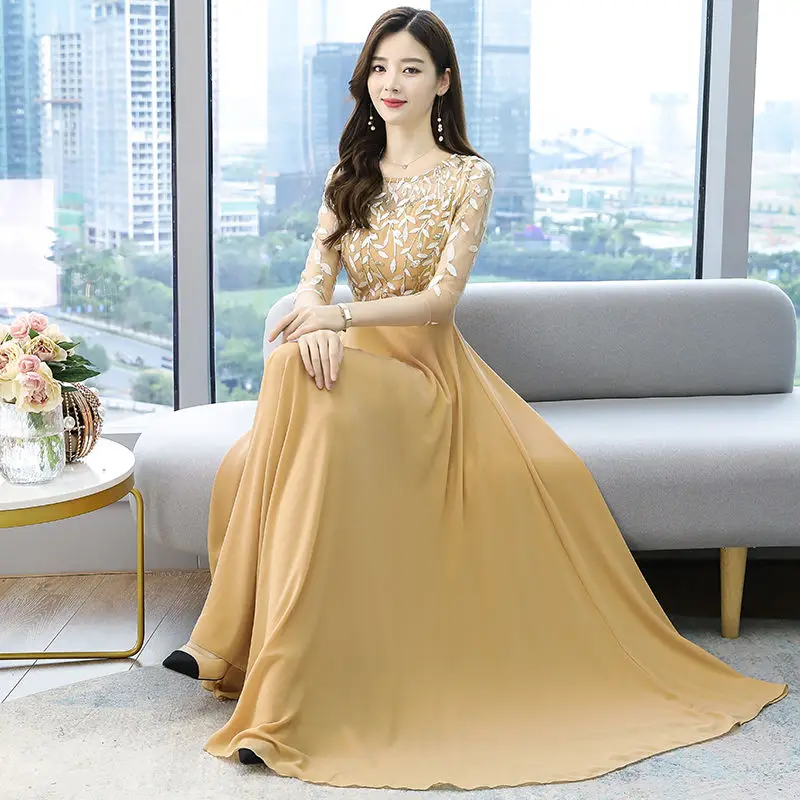 

Women Red Party Full Long Elegant Dress 2021 Spring Summer New Big Swing Skirt Mesh Embroidery Casual Bridesmaid Dresses Female