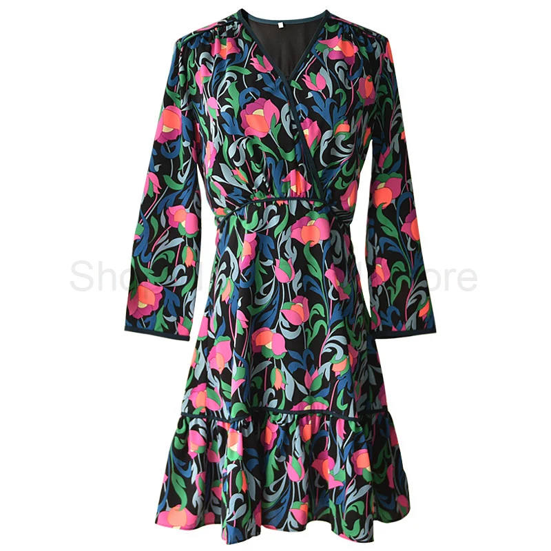 

2021 Colorful tulip print dress women s Ruffle big flower A line looks thin fashionable and retro
