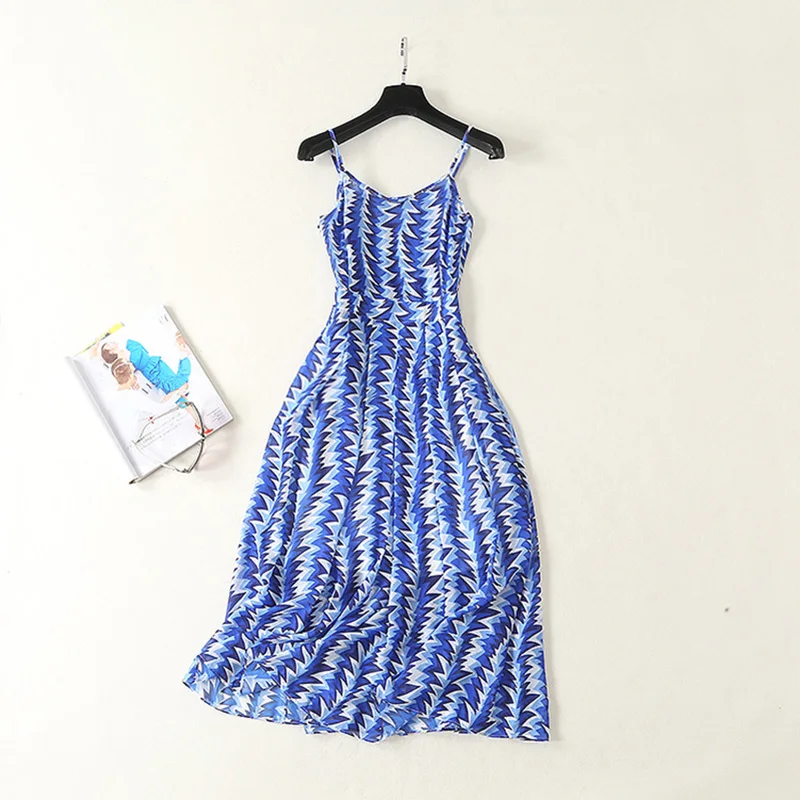 

New Summer Holiday Style Beach Twin Sets Patchwork Ruffle Loose Blouse Strap Dress High Quality Chiffon Print Tide 2 Pieces Sets