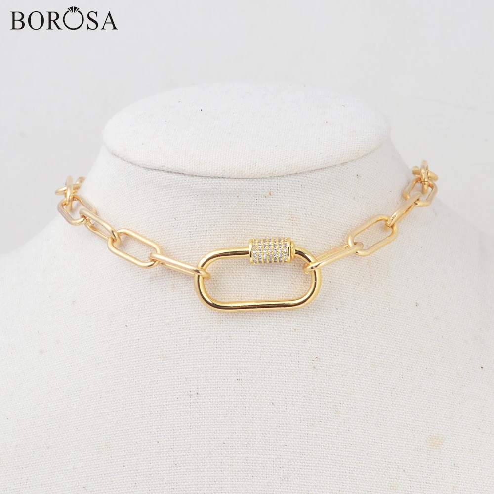 

BOROSA New 15'' Fashion Metal Choker Necklace Gold Silver Plated CZ Screw Clasp Lock Druzy Link Chain Necklace for Women HD0351