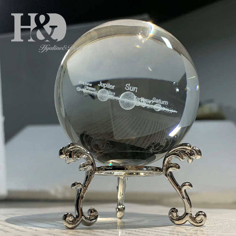 Solar System H&D 60 мм 3D шар лазерный хрустальный шар с гравировкой стекло художественное ремесло миниатюрная Сфера домашний Декор Аксессуары Рождественский подарок металлическая подставка - Цвет: Solar System