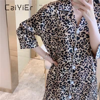 caiyier sexy night dress silk leopard grain sleepwear blouses turn down collar nightwear winter women soft dress gown nightshirt