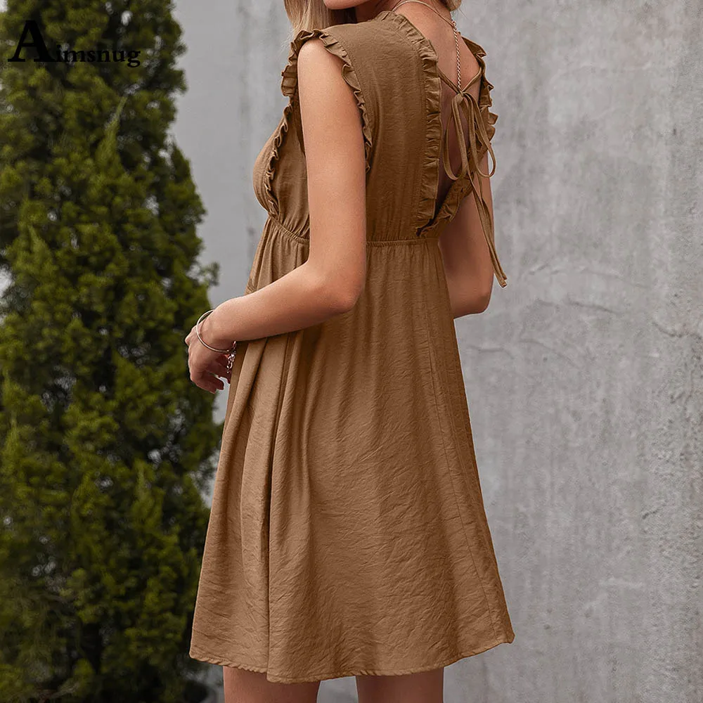 

2021 Summer Ladies Elegant V-neck Short Dress Sleeveless Patchwork Sashes Dresses Plus size Women Bohemian Dress Femme Clothes