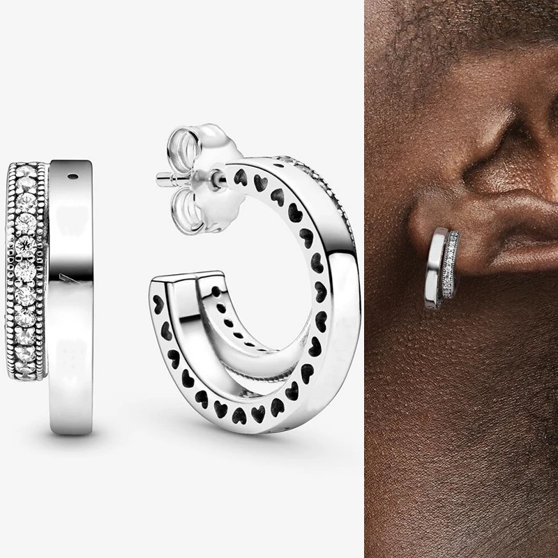 

Authentic S925 Sterling Silver Sparkle Set Cz Double Ring Earrings Women's Fashion Silver Earrings Jewelry Gifts