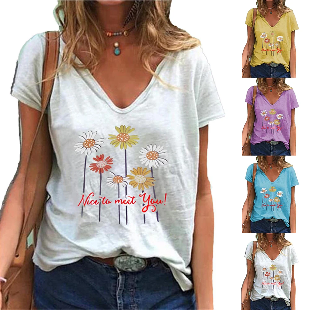 

Women Floral Print Sexy V Neck Short Sleeve Tops T-Shirt Casual Loose Blouse Tee