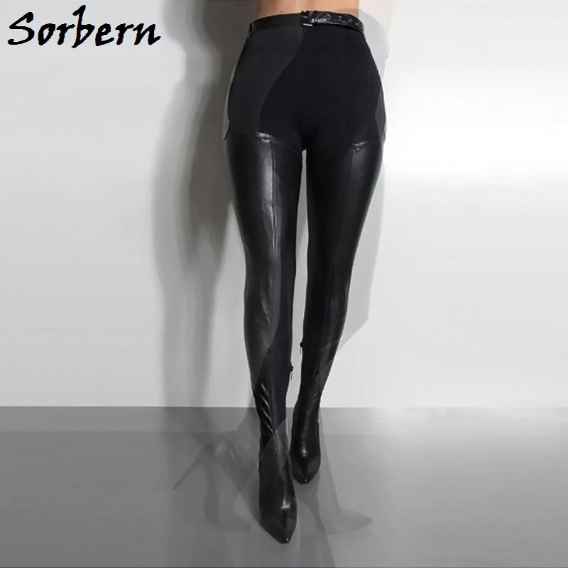 

Sorbern Matt Black Crotch Thigh High Boots With Belt Pointy Toes High Heel Long Boot Custom Wide Slim Fit Boot Ladies Plus Size