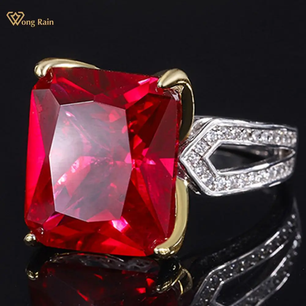 

Wong Rain Vintage 925 Sterling Silver 12*14 MM Emerald Ruby Created Moissanite Gemstone Wedding Engagement Ring Fine Jewelry