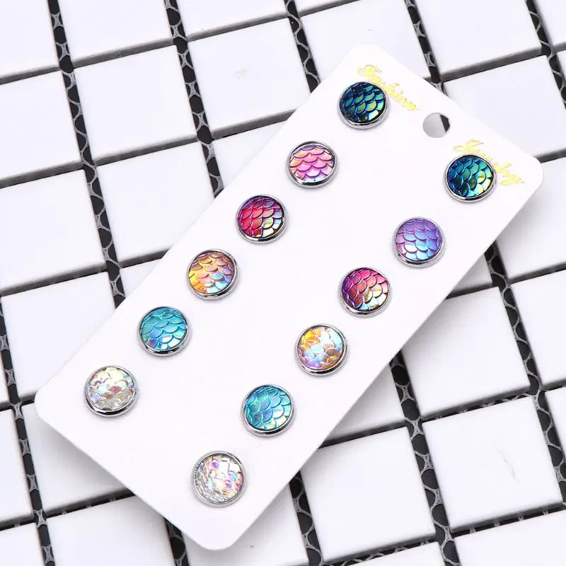 

6 Pairs Beauty Fish Scale Round Crystal Assorted Stud Earrings Set Women Jewelry