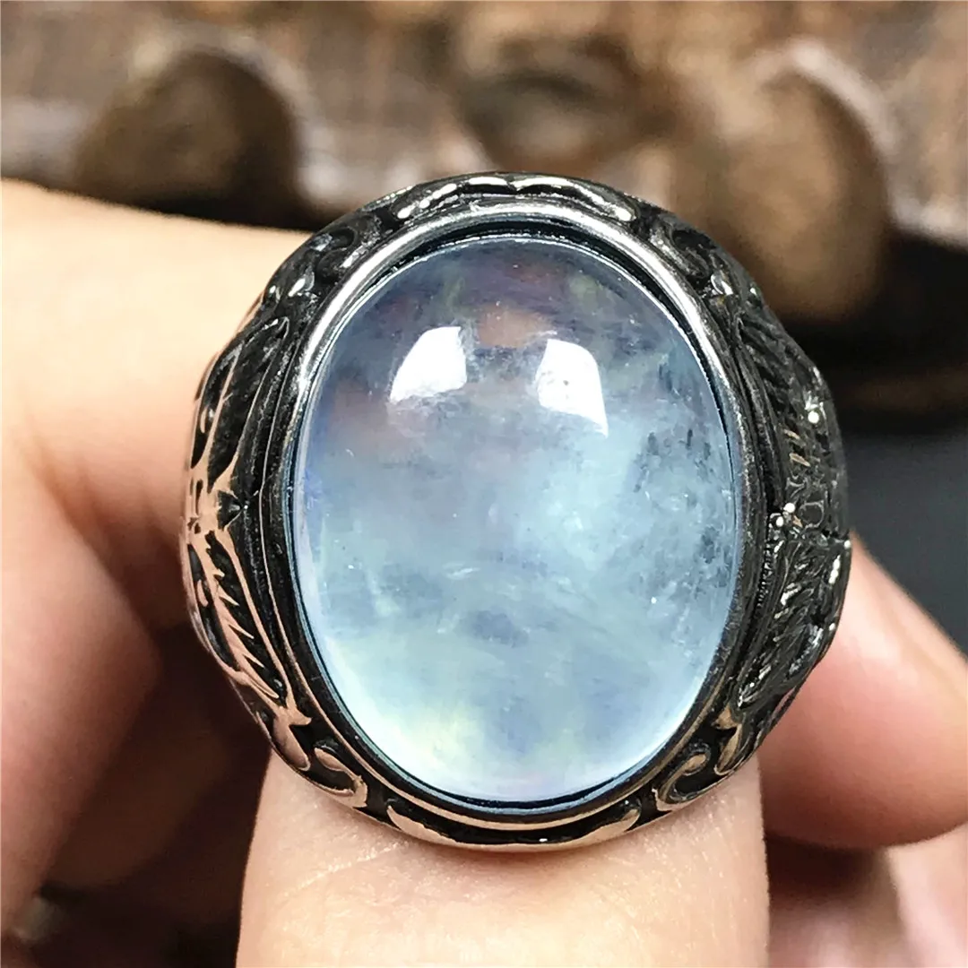 Natural Ocean Blue Aquamarine Ring Jewelry For Man Gift Healing Silver Crystal 18x14mm Oval Beads Stone Adjustable AAAAA | Украшения и