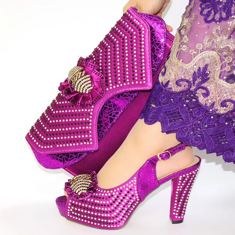 

New Arrival Rhinestone High Heels Shoes With Matching Bag Set Italian Style Fashion Ladies's Dress Shoes And Bag Set For Party