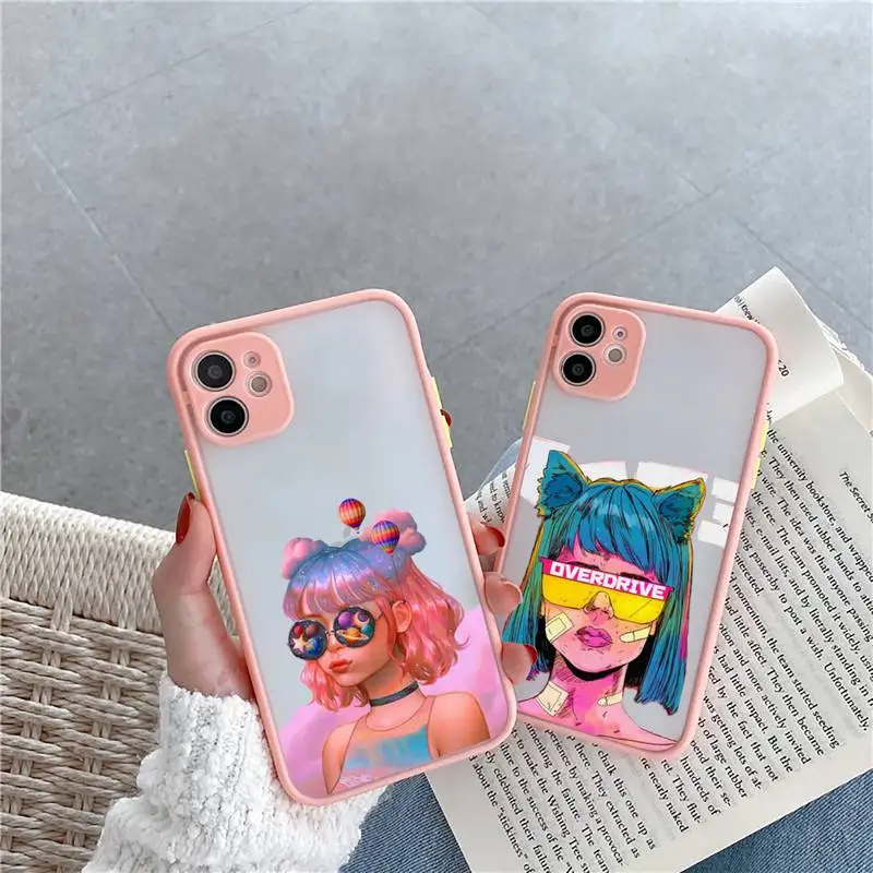 

Sexy girl cool pink cartoon Phone Case For iPhone 12 11 Mini Pro XR XS Max 7 8 Plus X Matte transparent Pink Back Cover